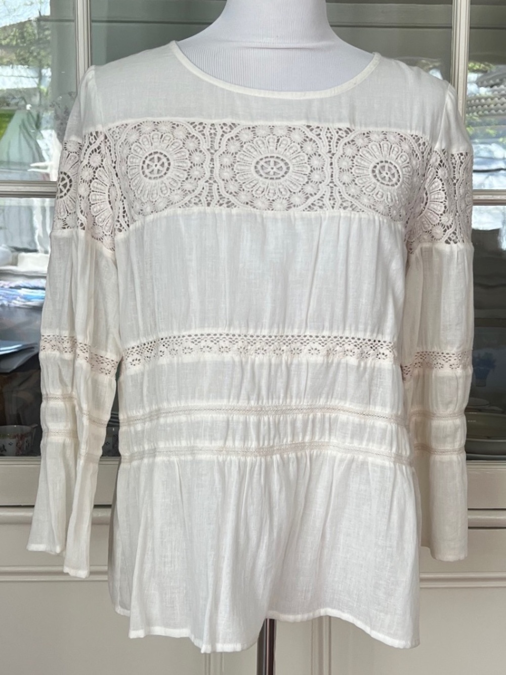 My Sunday Morning Cream Embroidered Cotton Shirt, Crochet, French, Medium